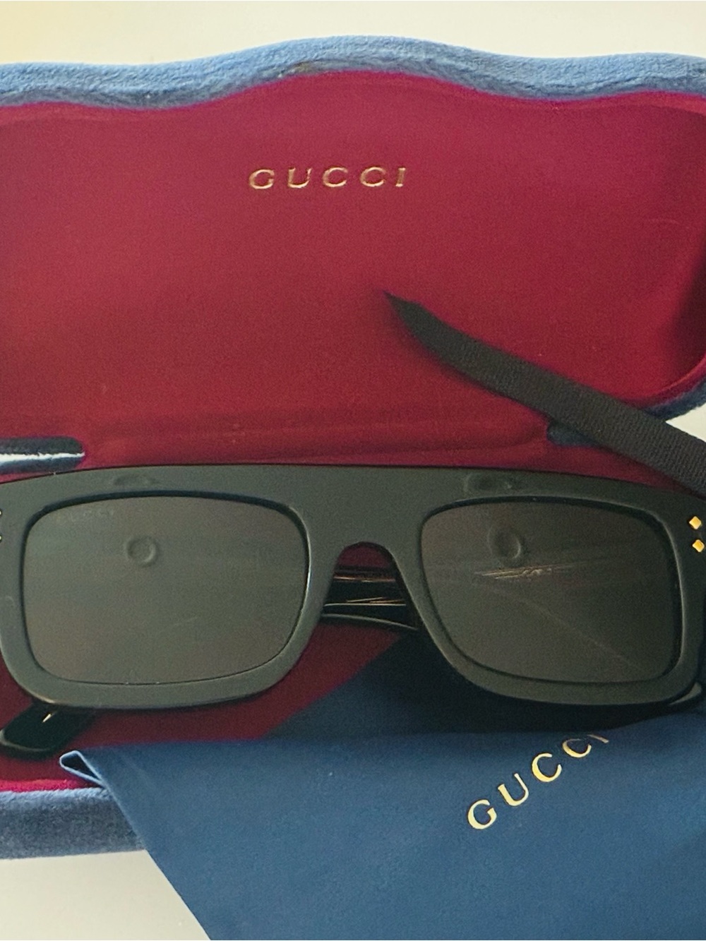 Gucci Black Rectangular Sunglasses with Gold Accent with dust bag and pouch